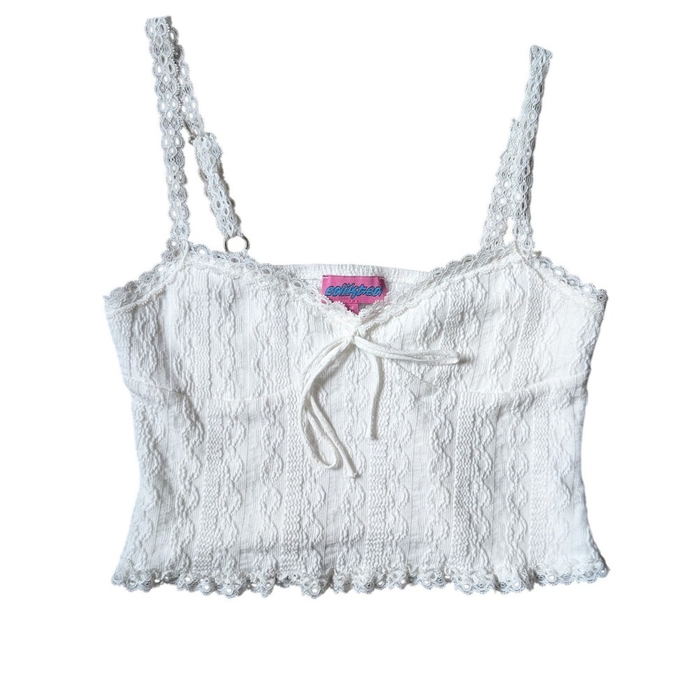 Edikted Y2K Ethereal Whimsy Romantic White Lace Ruffle Babydoll Tank Top